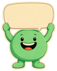 Green mascot holding a speech bubble