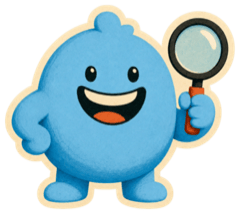 Sky-blue mascot with a magnifying glass