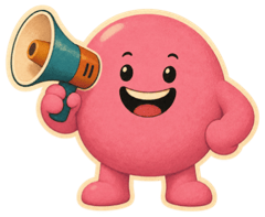 Pink mascot with a megaphone