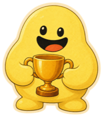 Yellow mascot with a trophy